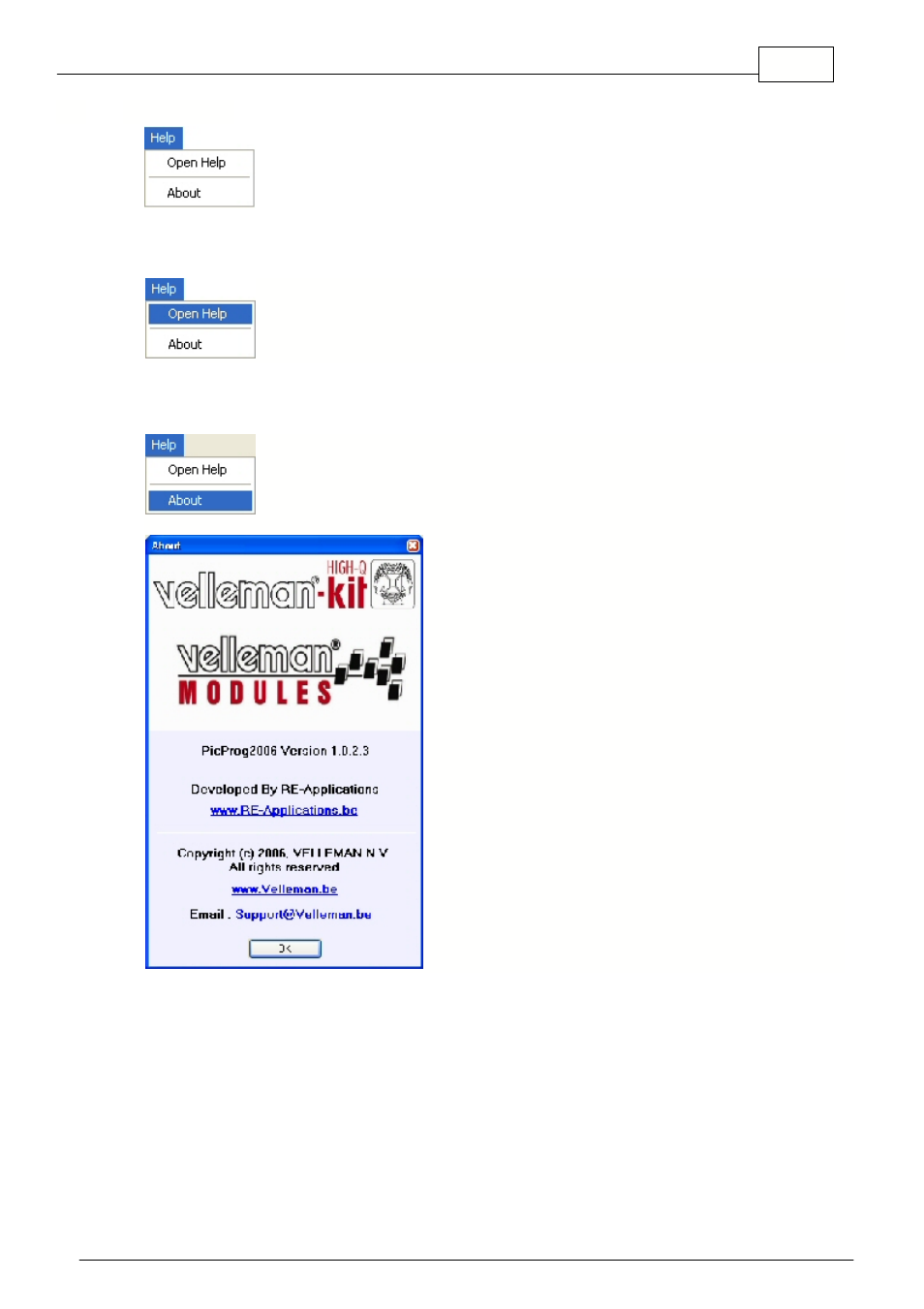 Help menu, 3 help menu "open help, About | Velleman VM134-k8076 User Manual | Page 7 / 16