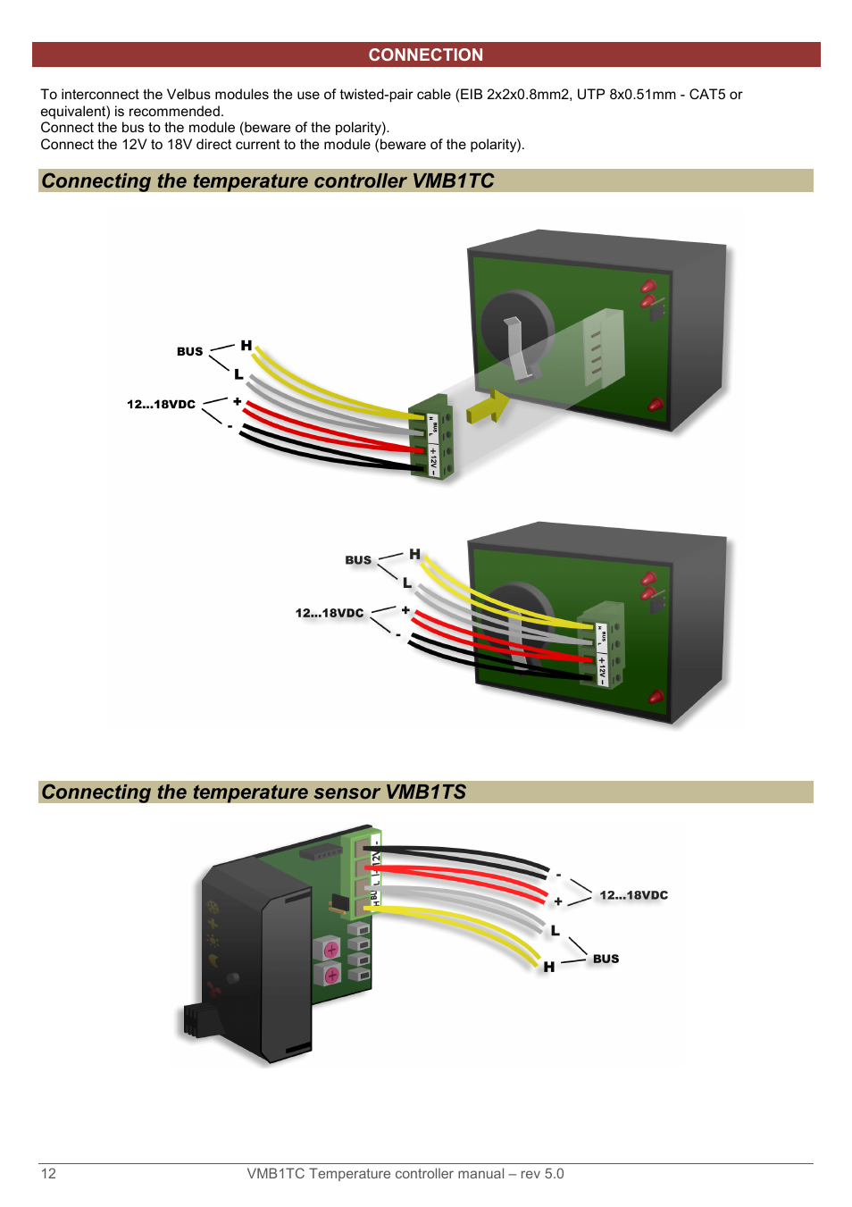 Connecting the temperature controller vmb1tc, Connecting the temperature sensor vmb1ts | Velleman VMB1TC User Manual | Page 12 / 104