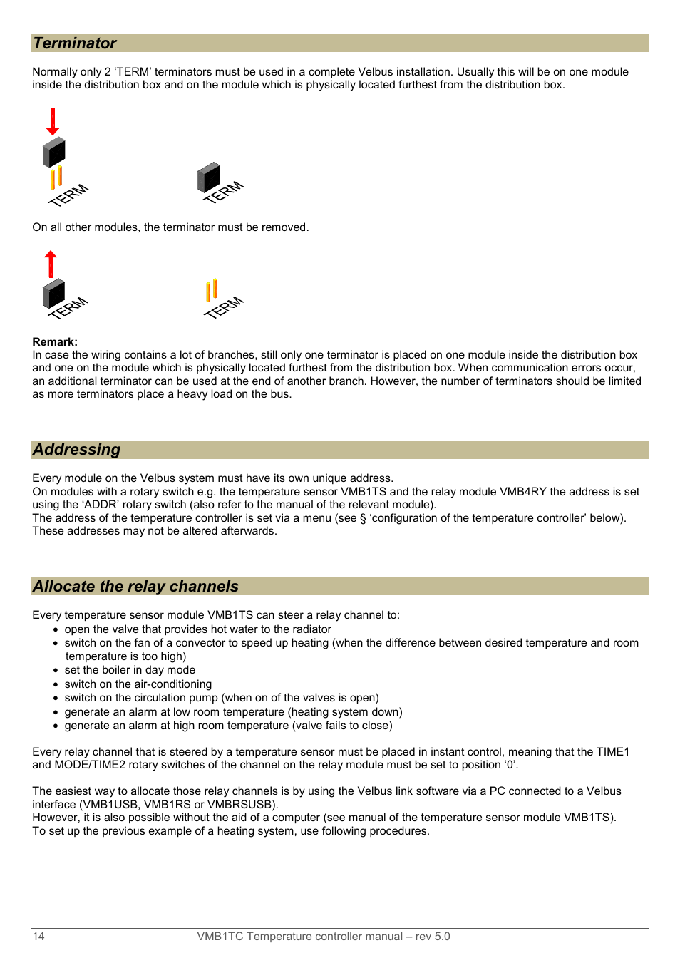 Terminator, Addressing, Allocate the relay channels | Velleman VMB1TC User Manual | Page 14 / 104