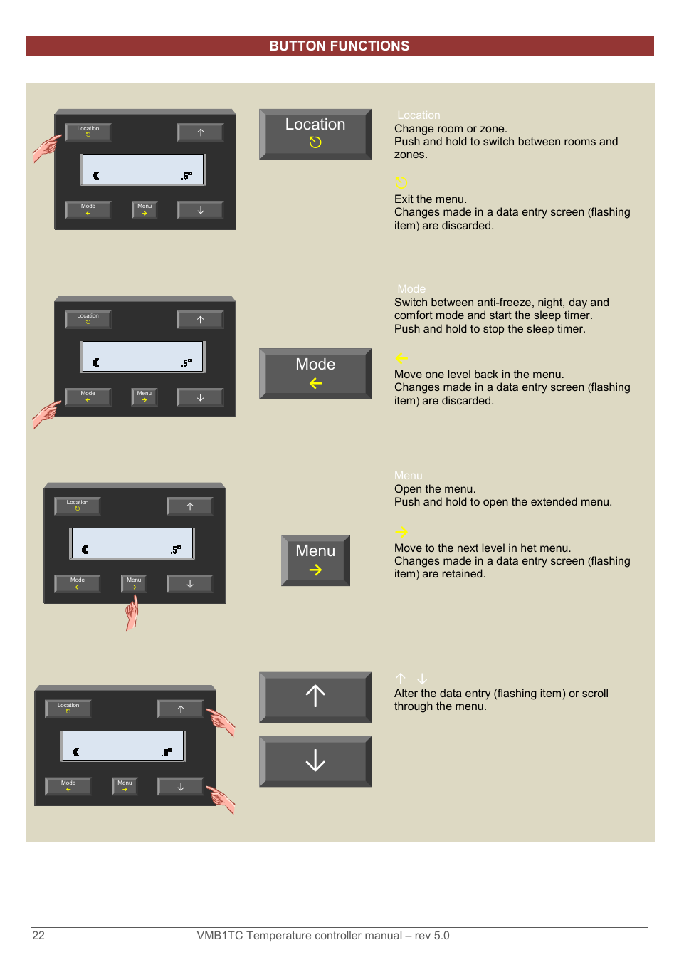 Location 5 mode ← menu, Button functions | Velleman VMB1TC User Manual | Page 22 / 104