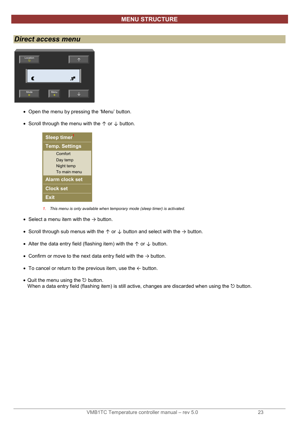 Direct access menu, Menu structure | Velleman VMB1TC User Manual | Page 23 / 104