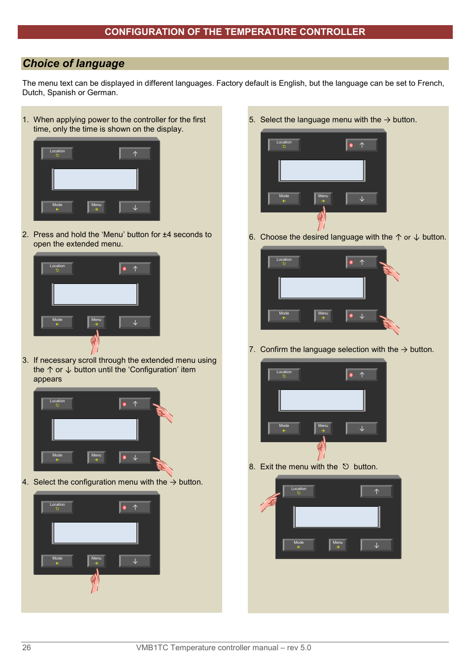 Choice of language, Configuration of the temperature controller | Velleman VMB1TC User Manual | Page 26 / 104