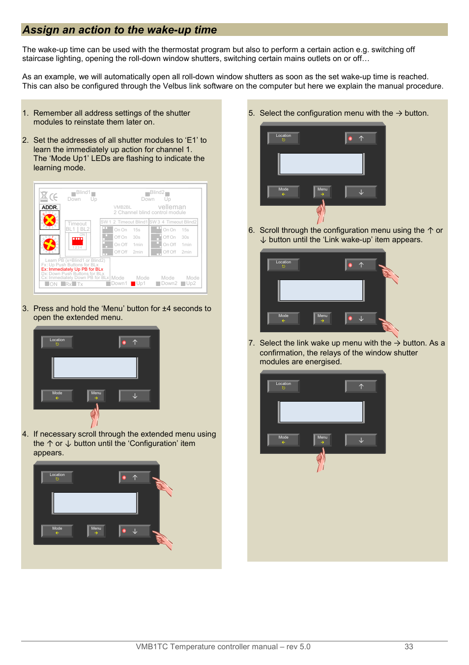 Assign an action to the wake-up time, Select the configuration menu with the → button | Velleman VMB1TC User Manual | Page 33 / 104