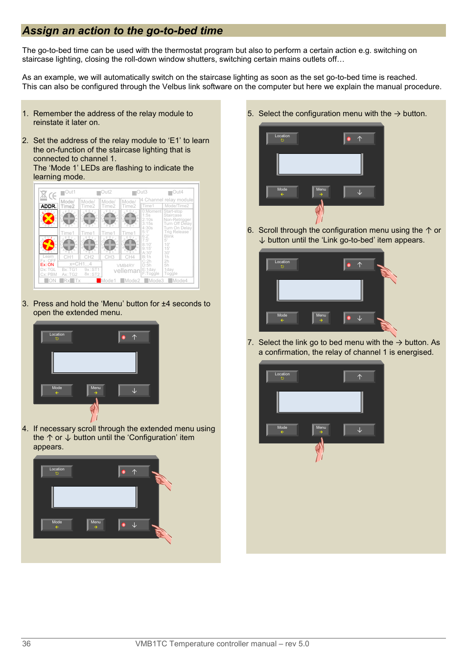 Assign an action to the go-to-bed time, Select the configuration menu with the → button, Configuration | Language, Link go-to-bed, Go-to-bed: on, Velleman | Velleman VMB1TC User Manual | Page 36 / 104