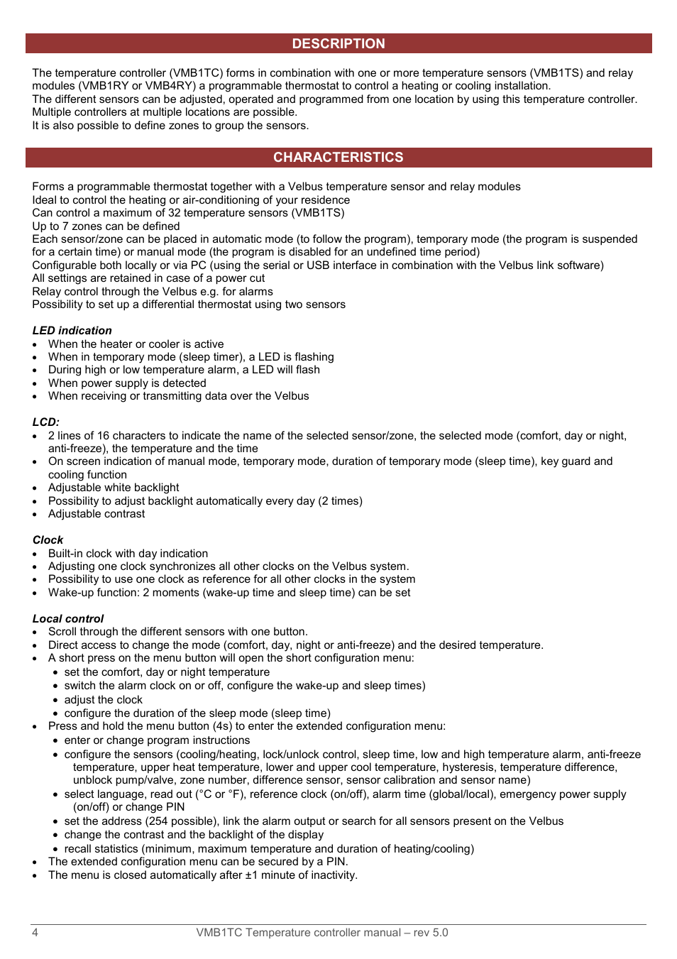 Description, Characteristics | Velleman VMB1TC User Manual | Page 4 / 104