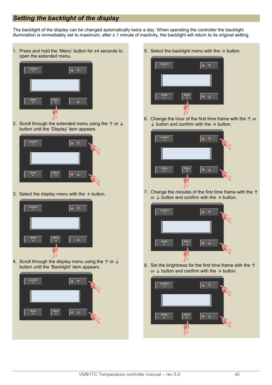 Setting the backlight of the display | Velleman VMB1TC User Manual | Page 45 / 104