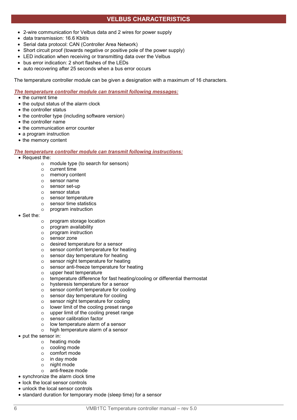 Velbus characteristics | Velleman VMB1TC User Manual | Page 6 / 104