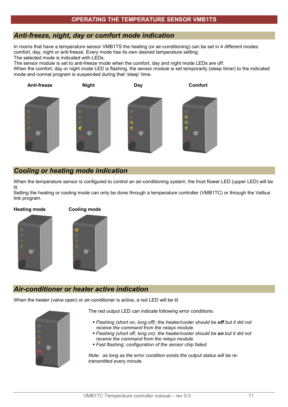 Anti-freeze, night, day or comfort mode indication, Cooling or heating mode indication, Air-conditioner or heater active indication | Operating the temperature sensor vmb1ts | Velleman VMB1TC User Manual | Page 71 / 104