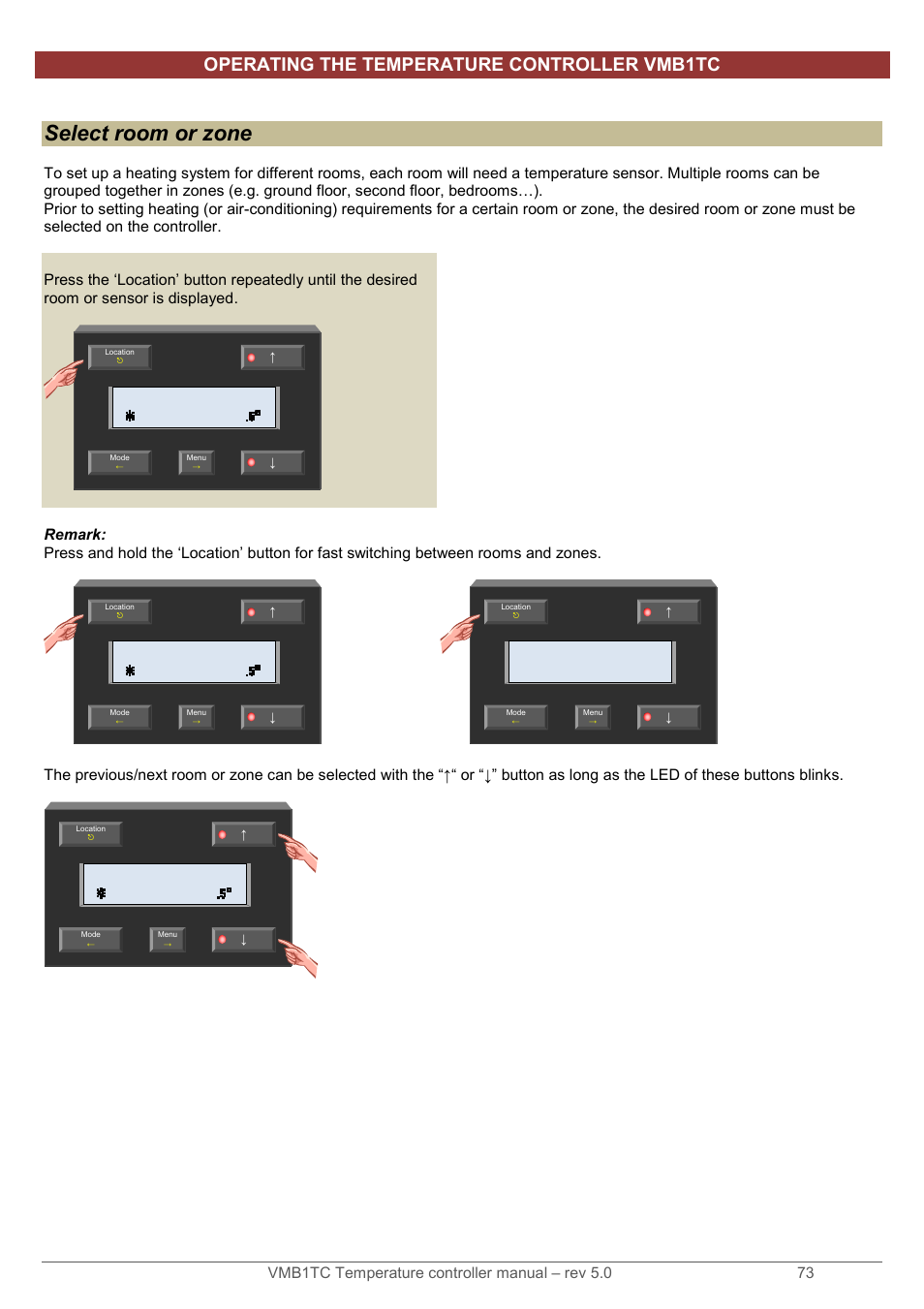 Select room or zone, Operating the temperature controller vmb1tc | Velleman VMB1TC User Manual | Page 73 / 104