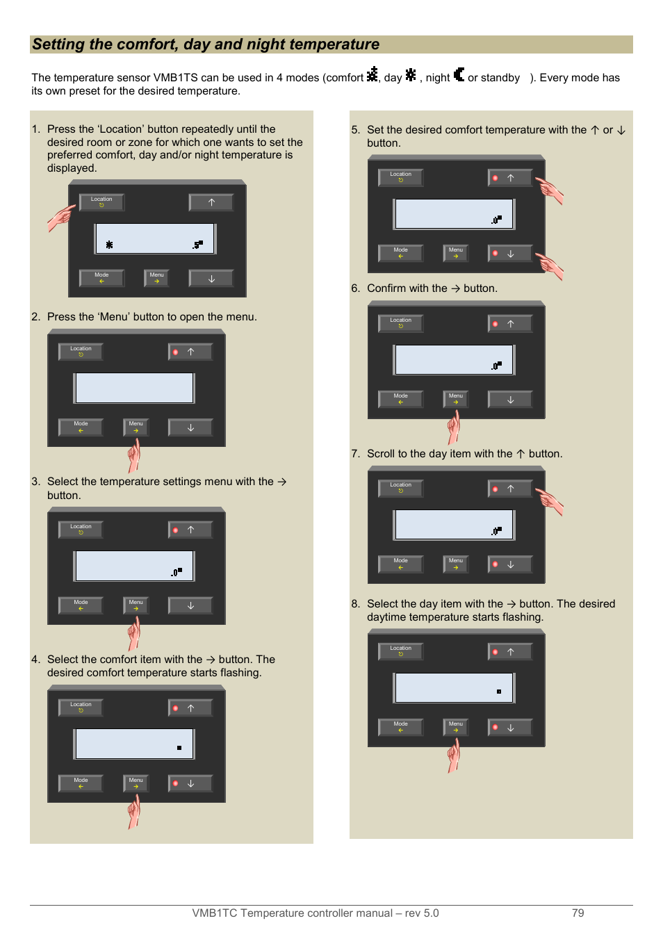 Setting the comfort, day and night temperature | Velleman VMB1TC User Manual | Page 79 / 104