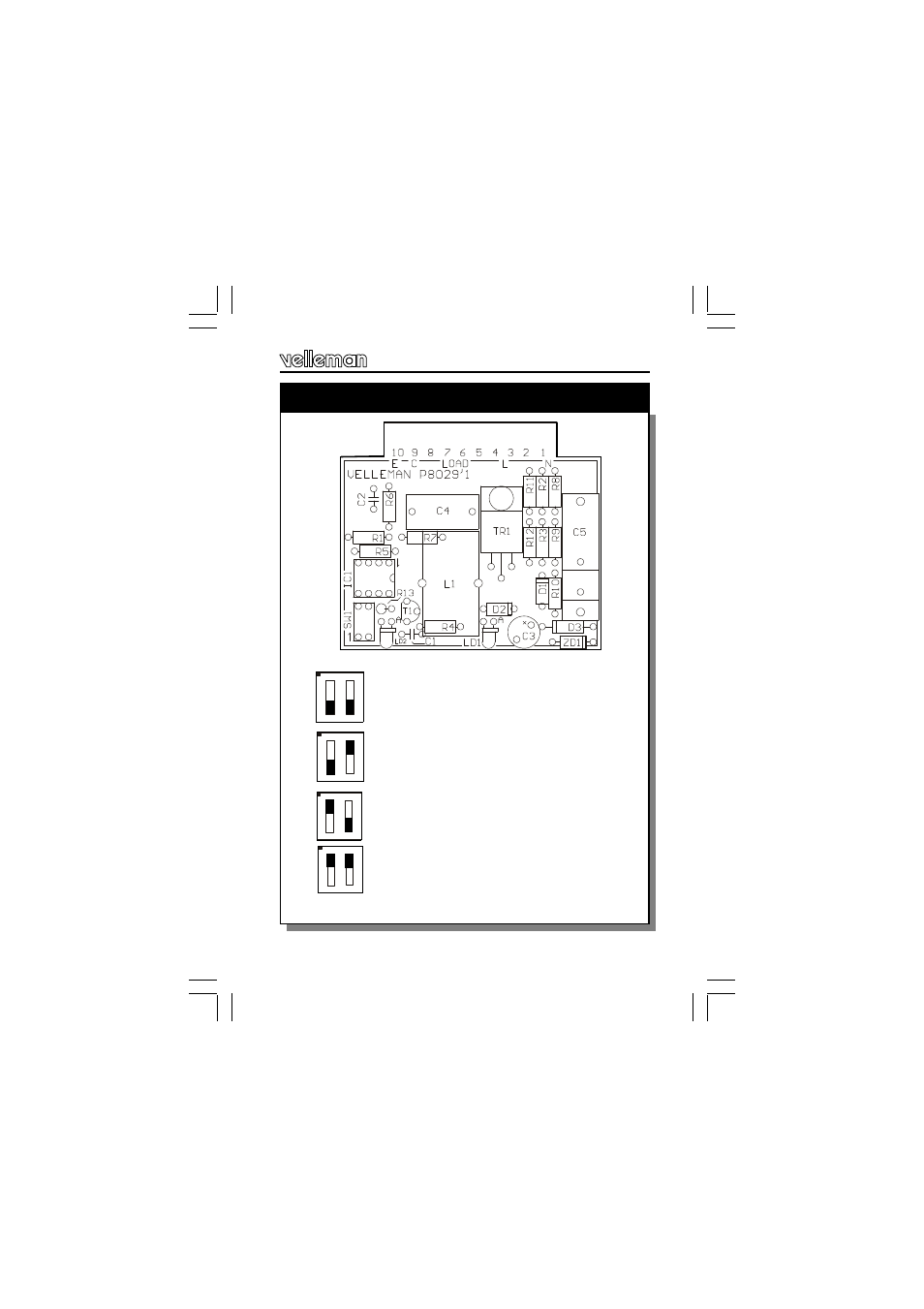 Restore factory defaults (4), Pcb layout & dip switch setting, Sw1 sw1 sw1 sw1 | Velleman projects K8029 Assembly instructions User Manual | Page 9 / 16