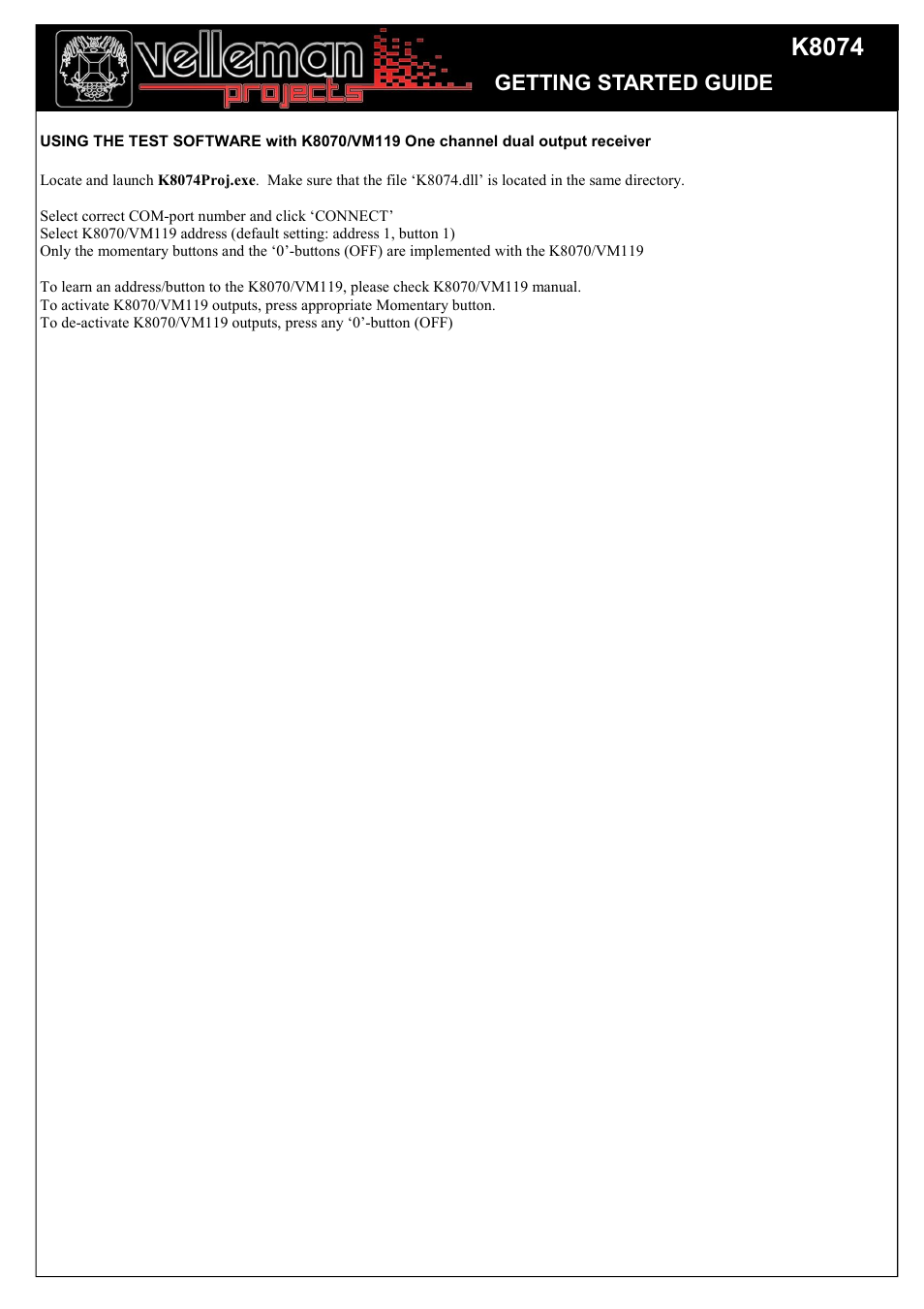 K8074, Getting started guide | Velleman projects K8074 getting started manual User Manual | Page 4 / 4