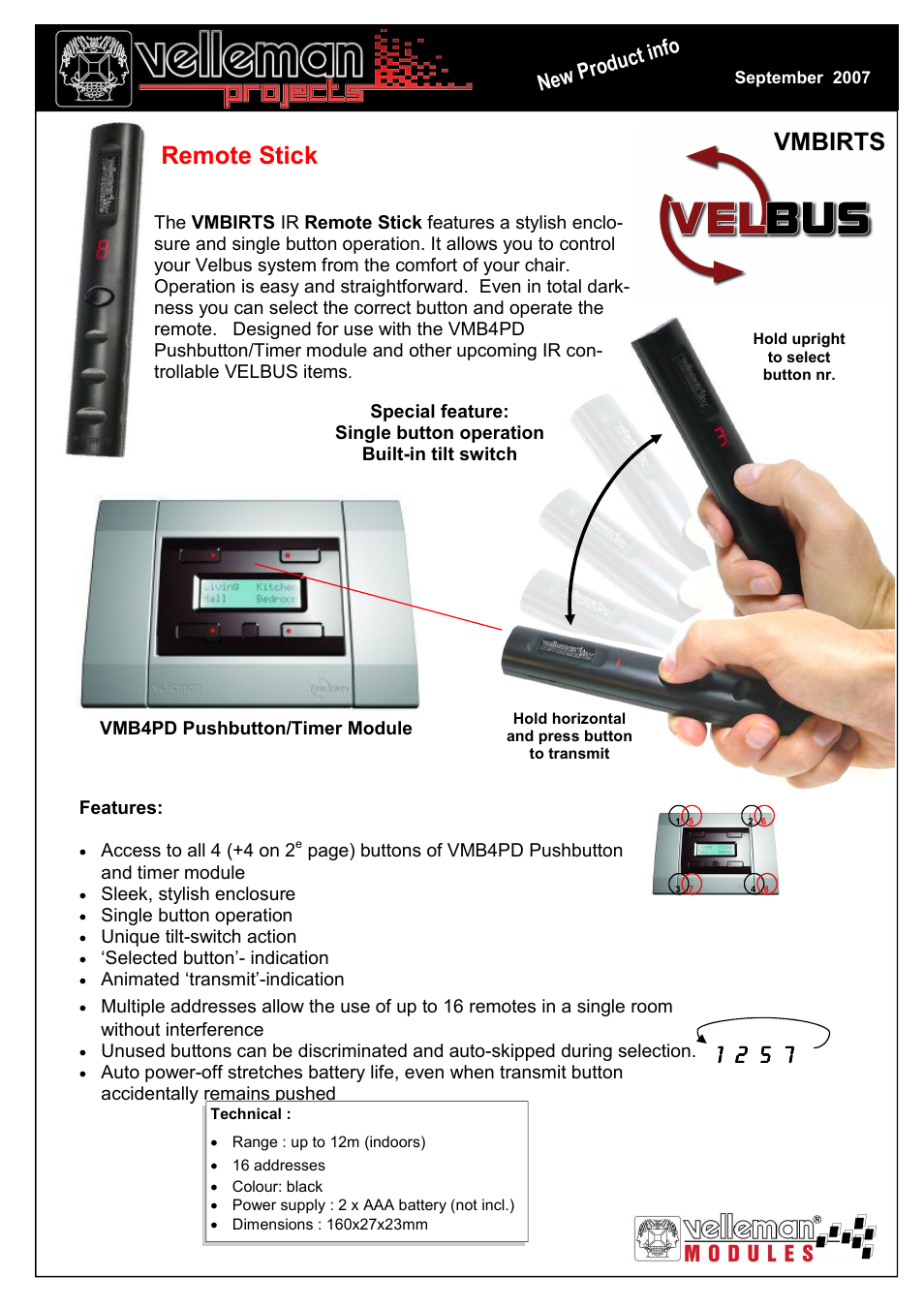 Velleman projects VMBIRTS Datasheet User Manual | 1 page