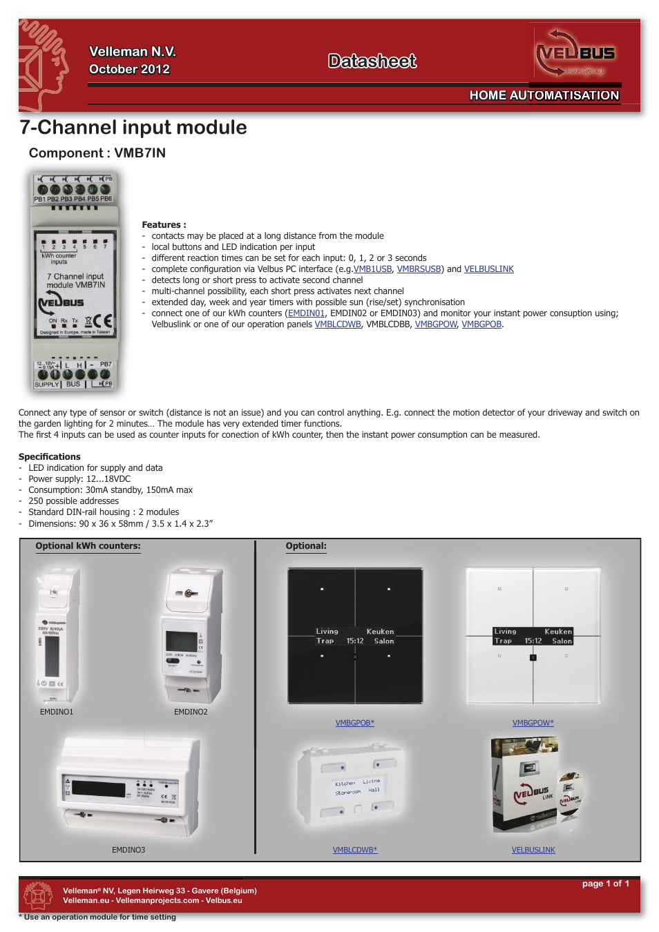 Velleman projects VMB7IN Datasheet User Manual | 1 page