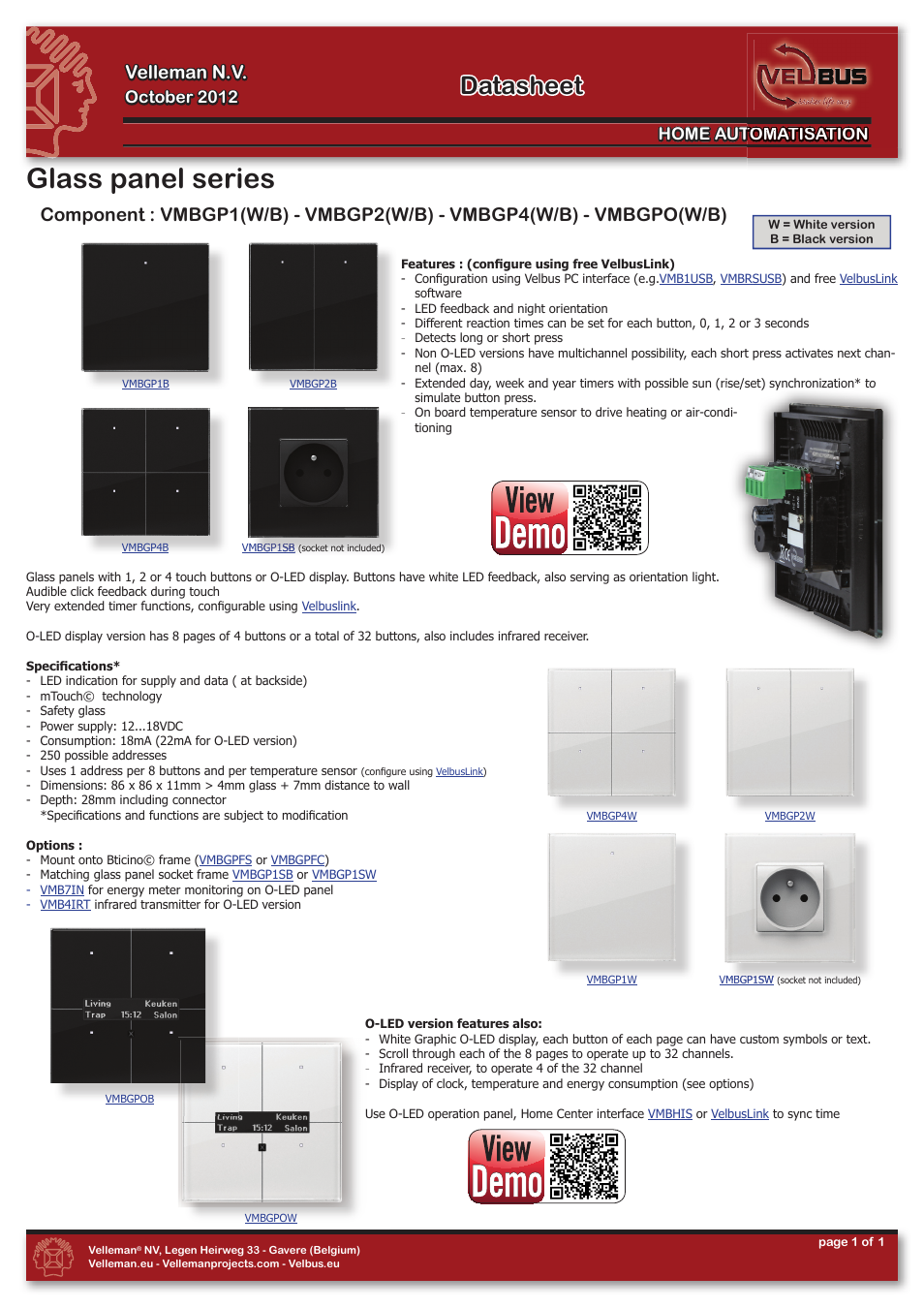 Velleman projects VMBGP1x Datasheet User Manual | 1 page