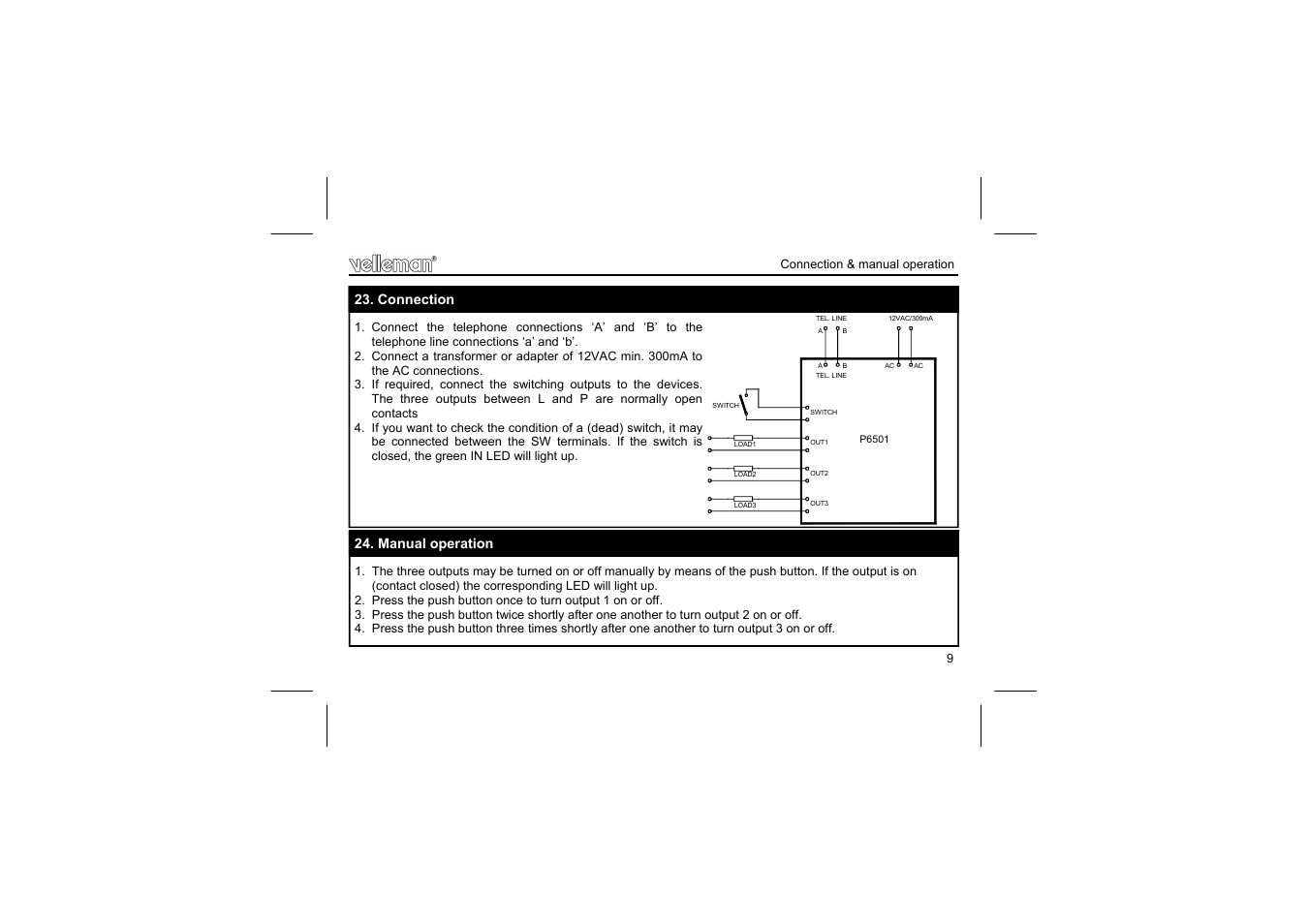 Connection, Manual operation | Velleman projects K6501 Assembly instructions User Manual | Page 9 / 16