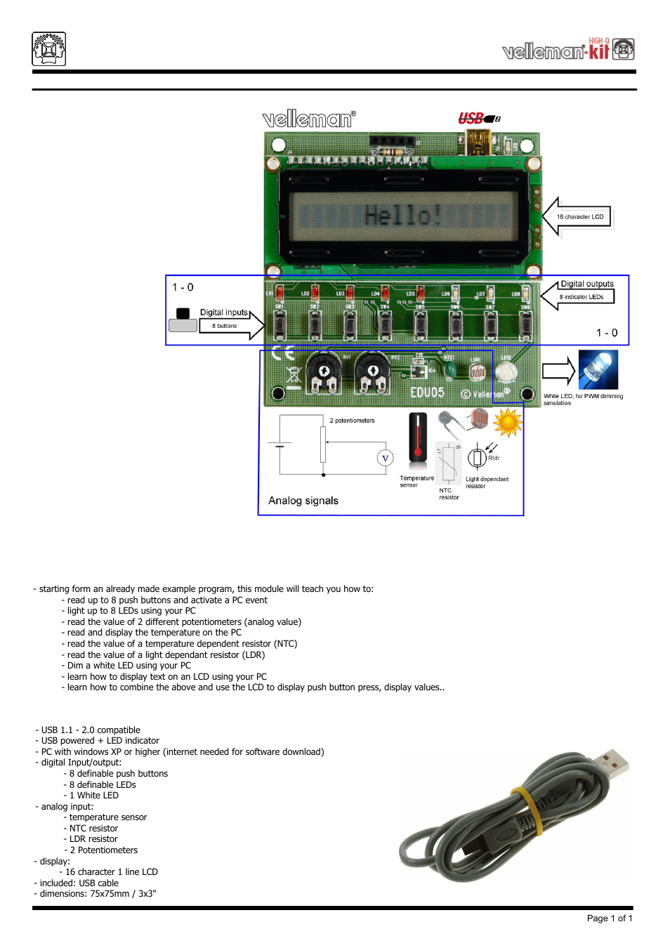 Velleman projects EDU05 Datasheet User Manual | 1 page