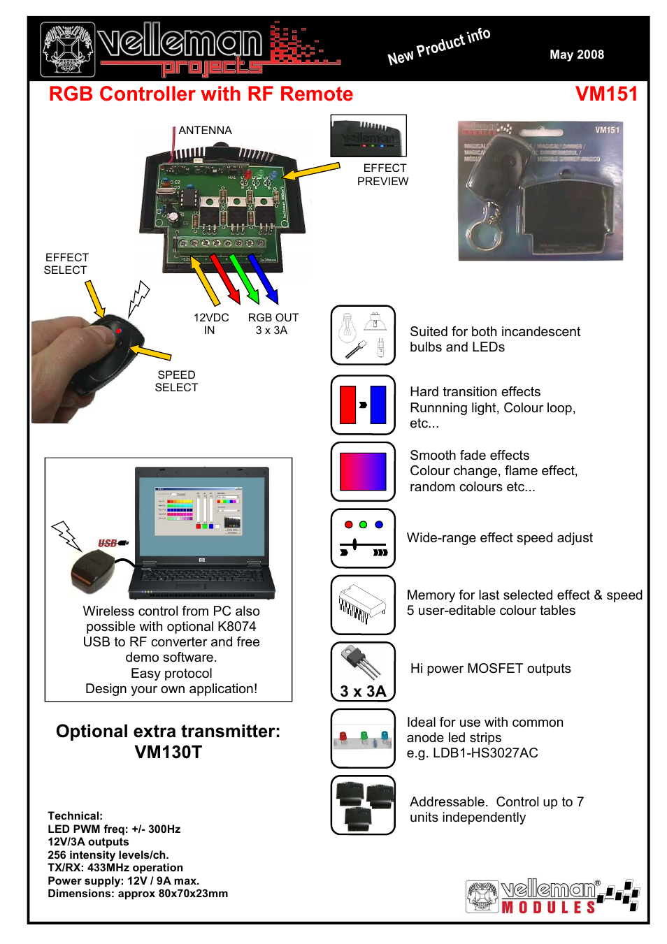 Velleman projects VM151 Datasheet User Manual | 1 page