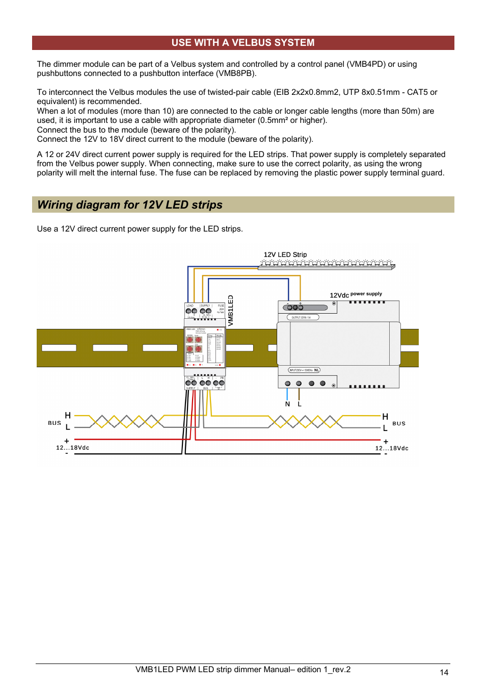 Wiring diagram for 12v led strips, Use with a velbus system | Velleman VMB1LED User Manual | Page 14 / 38