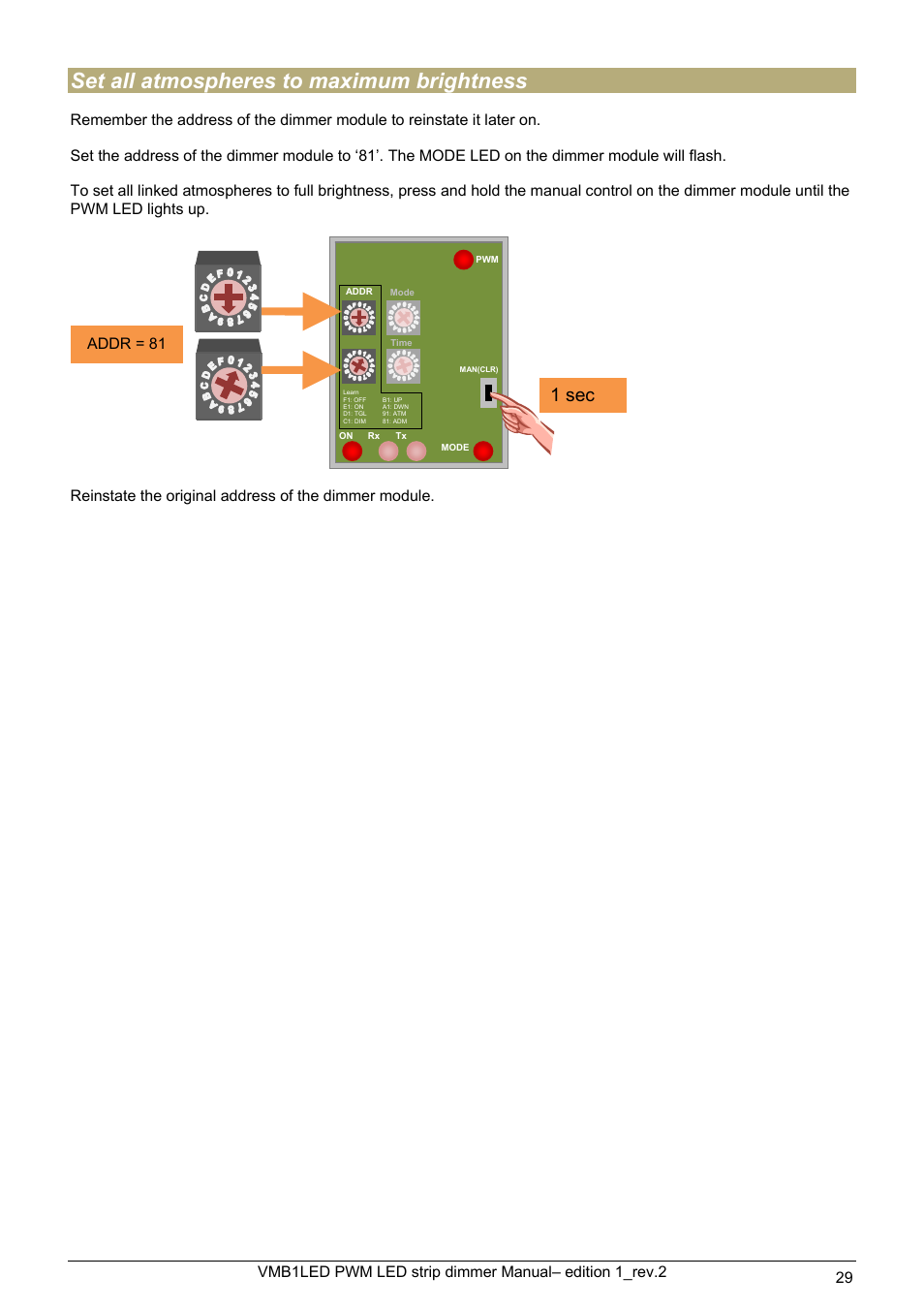 Set all atmospheres to maximum brightness, 1 sec, Addr = 81 | Velleman VMB1LED User Manual | Page 29 / 38