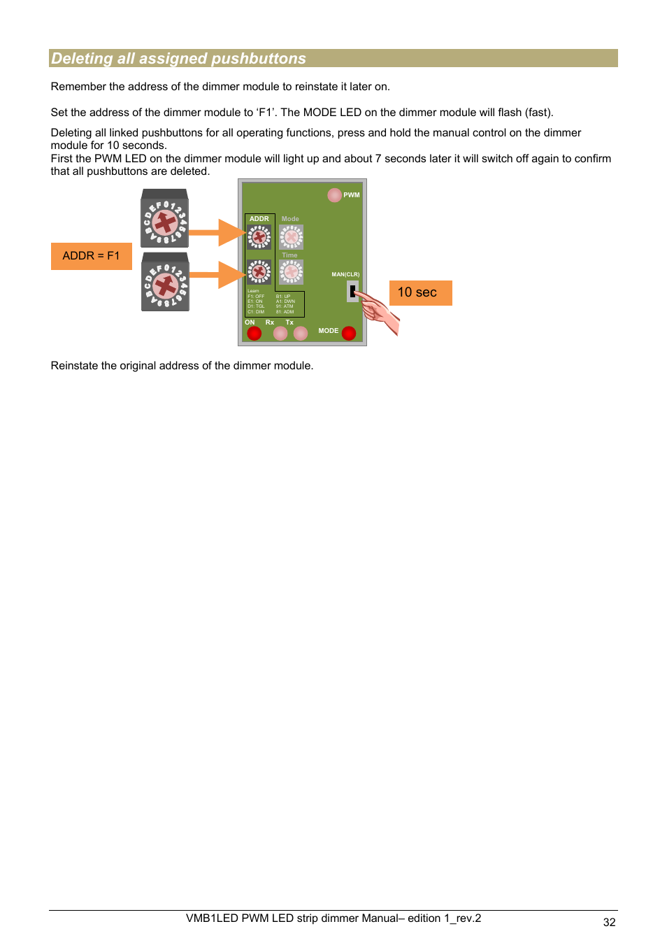 Deleting all assigned pushbuttons, 10 sec, Addr = f1 | Velleman VMB1LED User Manual | Page 32 / 38