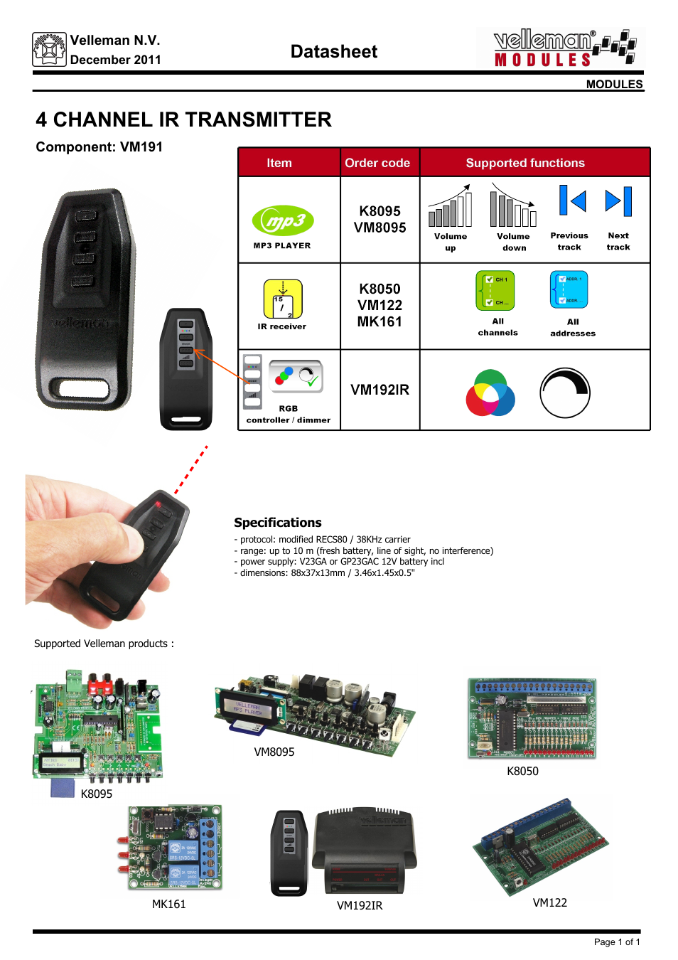 Velleman projects VM191 Datasheet User Manual | 1 page