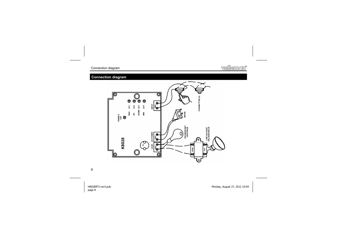 K80 28, Connection diagram, 8connection diagram | Velleman projects K8028 Assembly instructions User Manual | Page 8 / 24