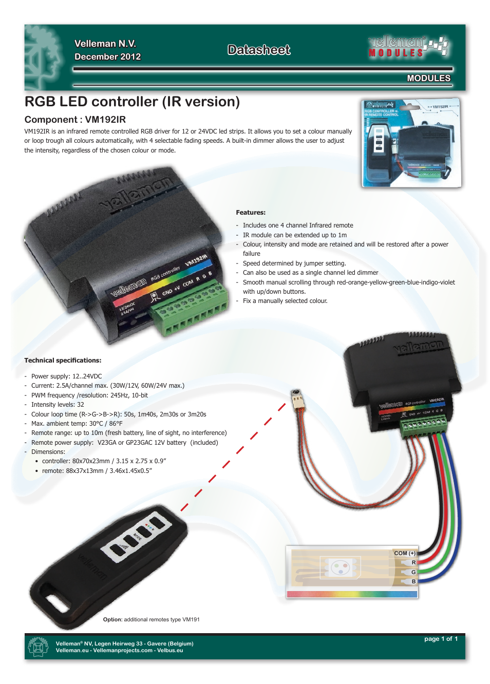 Velleman projects VM192IR Datasheet User Manual | 1 page