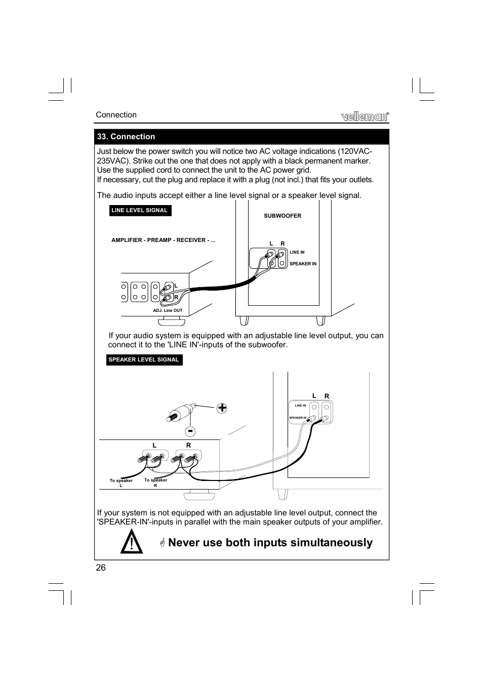 Never use both inputs simultaneously | Velleman К8077 User Manual | Page 26 / 32