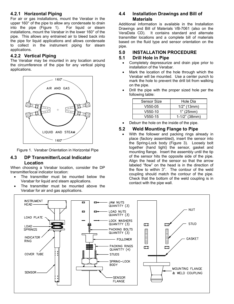 4installation drawings and bill of, Materials, 1drill hole in pipe | Deburr the hole on the inside of the pipe, 2weld mounting flange to pipe | Veris Verabar V550 Installation Instructions User Manual | Page 2 / 4