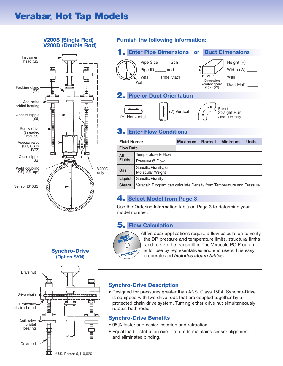 Verabar, Hot tap models, Flow calculation | Synchro-drive description, Synchro-drive benefits, Synchro-drive, Select model from page 3, Pipe or duct orientation, Enter flow conditions | Veris Verabar V200 Spec Sheet User Manual | Page 2 / 4