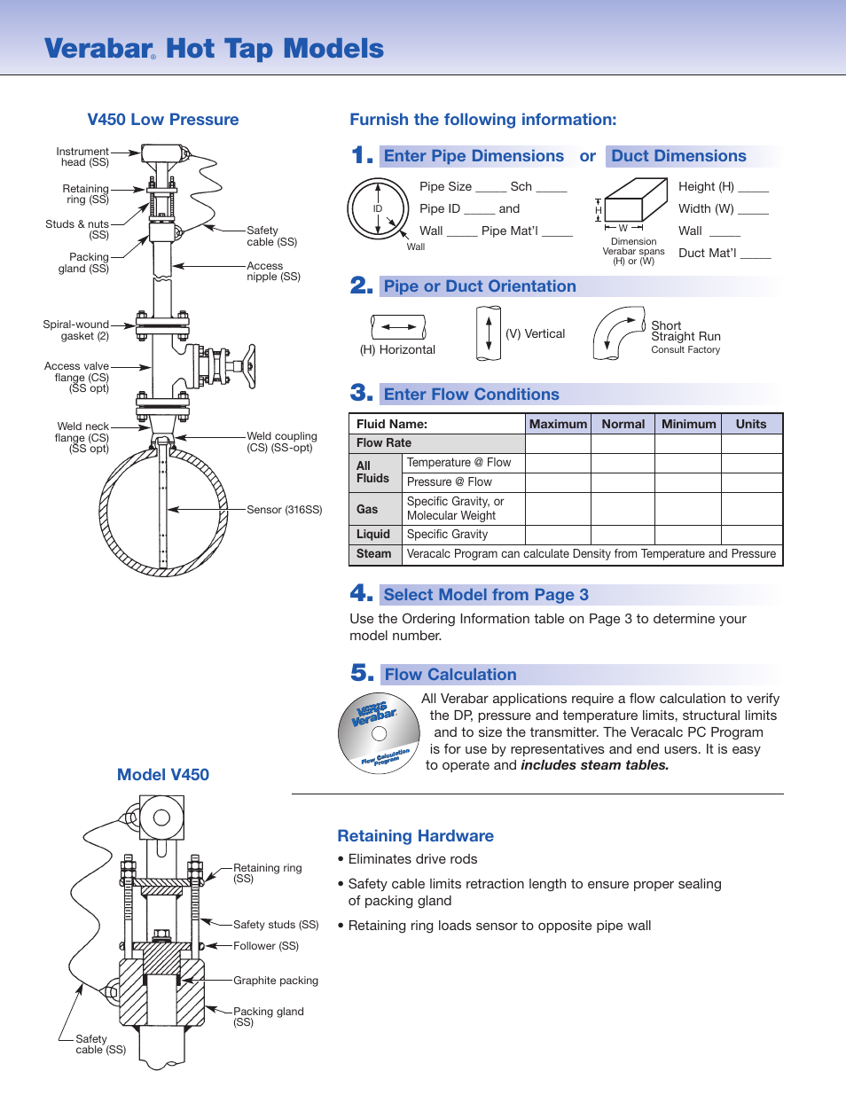 Verabar, Hot tap models, Flow calculation | Select model from page 3, Pipe or duct orientation, Enter flow conditions, V450 low pressure, Model v450 | Veris Verabar V450 Spec Sheet User Manual | Page 2 / 4