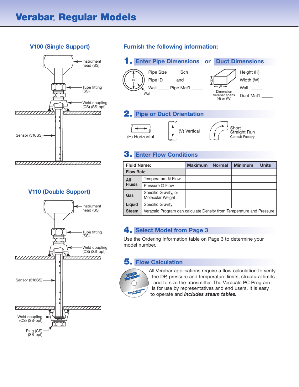 Verabar, Regular models, Flow calculation | Select model from page 3, Pipe or duct orientation, Enter flow conditions | Veris Verabar V110 Spec Sheet User Manual | Page 2 / 4