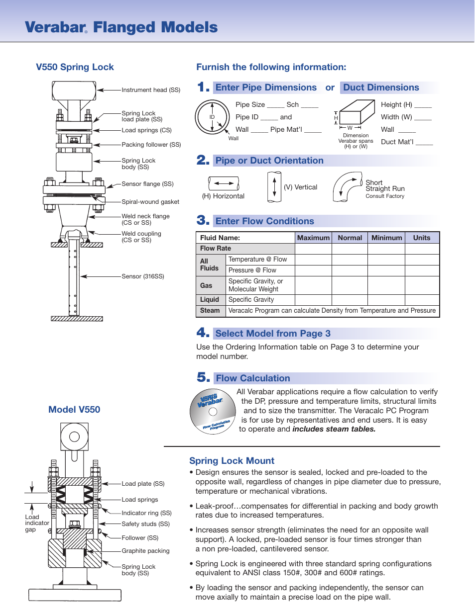 Verabar, Flanged models, Flow calculation | V550 spring lock, Select model from page 3, Pipe or duct orientation, Enter flow conditions, Model v550 | Veris Verabar V550 Spec Sheet User Manual | Page 2 / 4