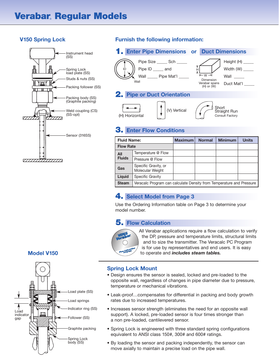 Verabar, Regular models, Flow calculation | V150 spring lock, Select model from page 3, Pipe or duct orientation, Enter flow conditions, Spring lock mount | Veris Verabar V150 Spec Sheet User Manual | Page 2 / 4