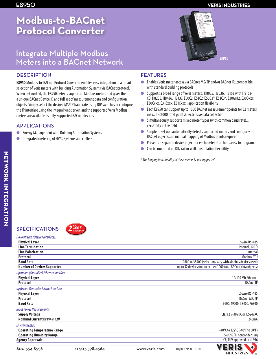 Veris Industries E8950 Datasheet User Manual | 2 pages
