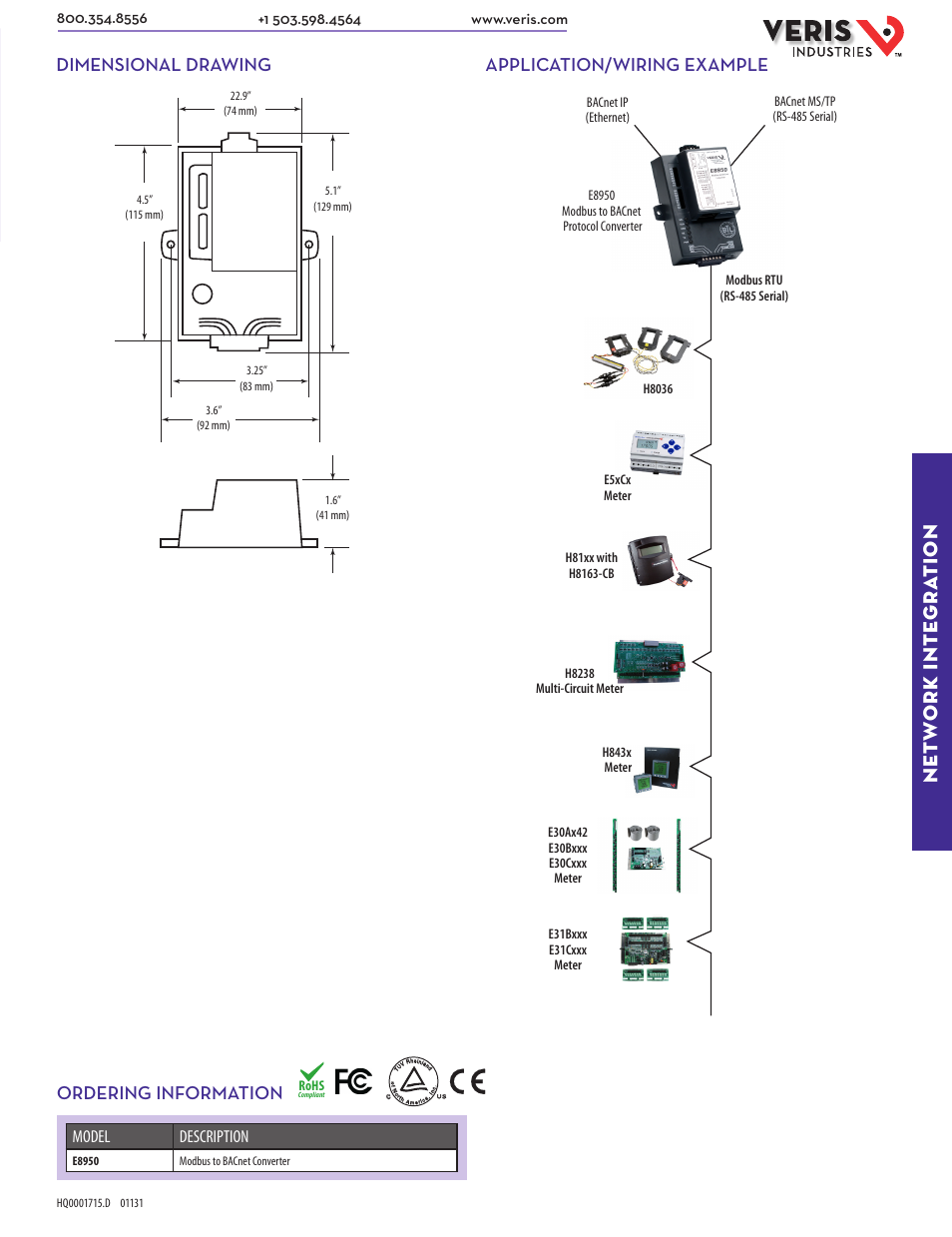 Net w ork inte gra tion, Dimensional drawing ordering information, Application/wiring example | Model description | Veris Industries E8950 Datasheet User Manual | Page 2 / 2