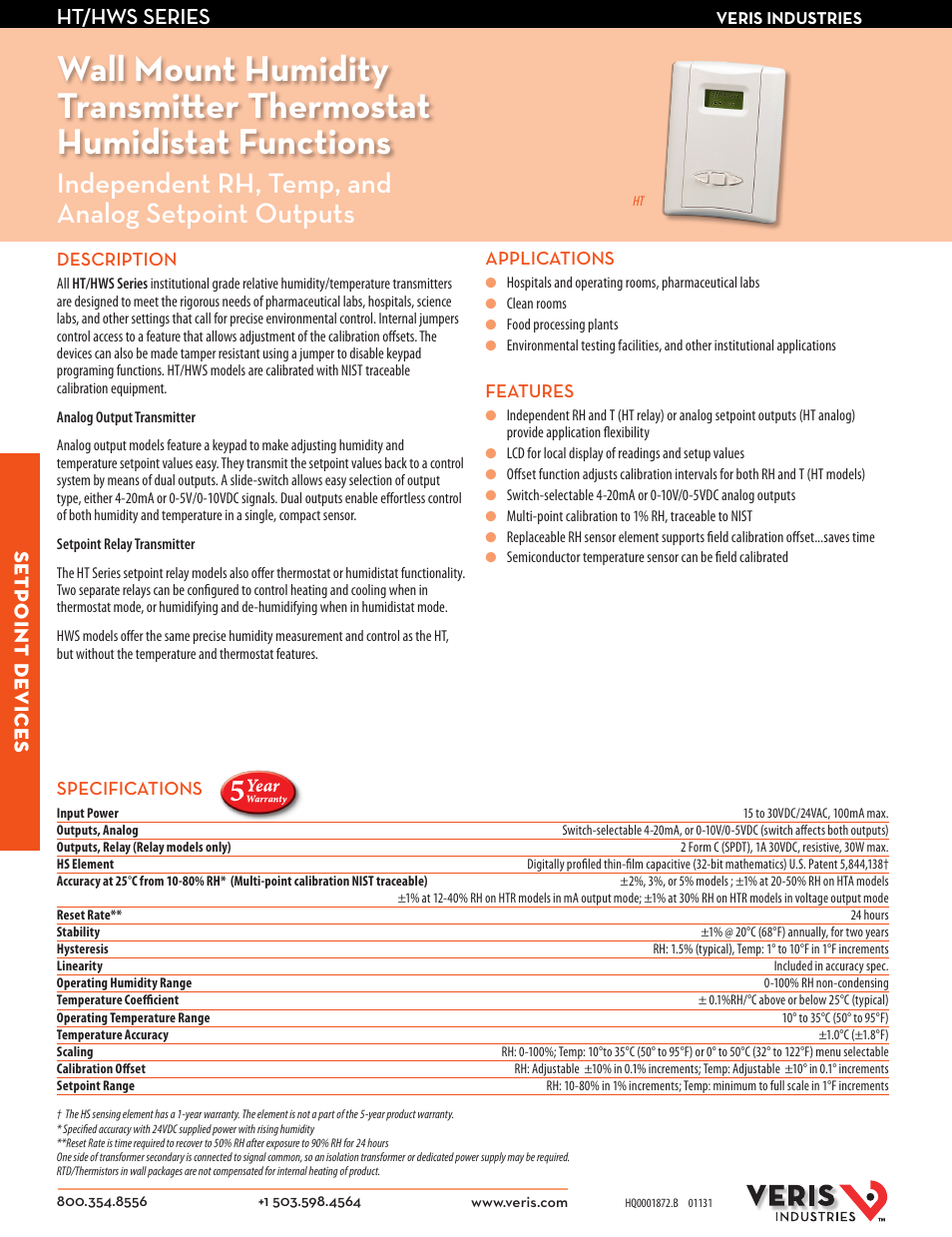Veris Industries HWS SERIES Datasheet User Manual | 2 pages