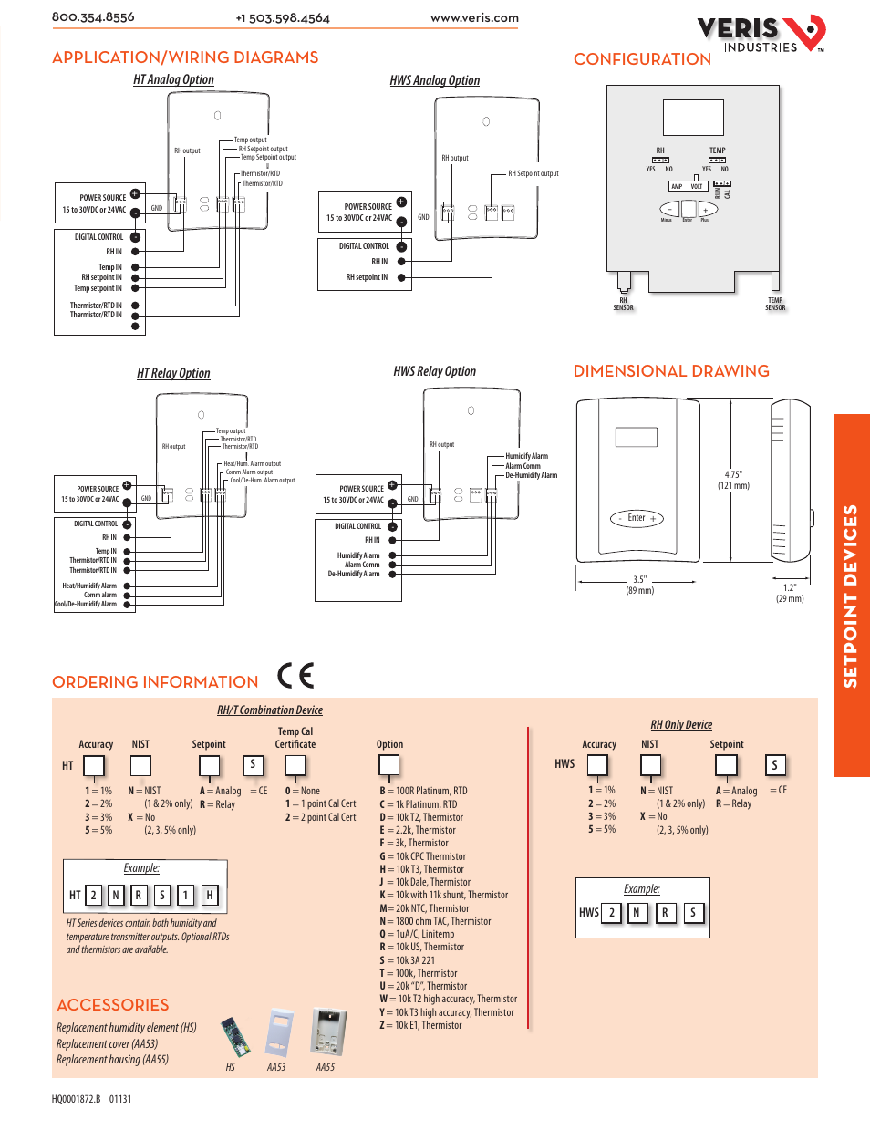 Setp oint de vices, Accessories, Ordering information | Ht relay option ht analog option, Hws relay option hws analog option | Veris Industries HWS SERIES Datasheet User Manual | Page 2 / 2