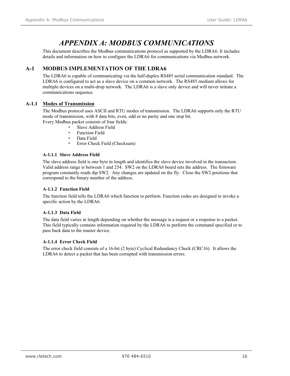 Appendix a: modbus communications | Veris Industries LDRA6 USER GUIDE User Manual | Page 22 / 30