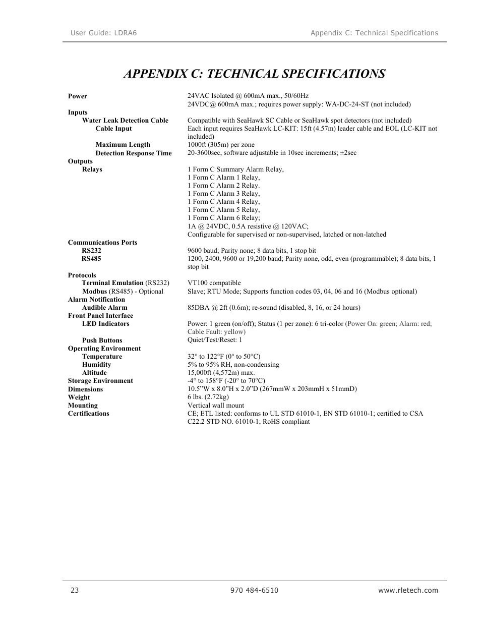 Appendix c: technical specifications | Veris Industries LDRA6 USER GUIDE User Manual | Page 29 / 30