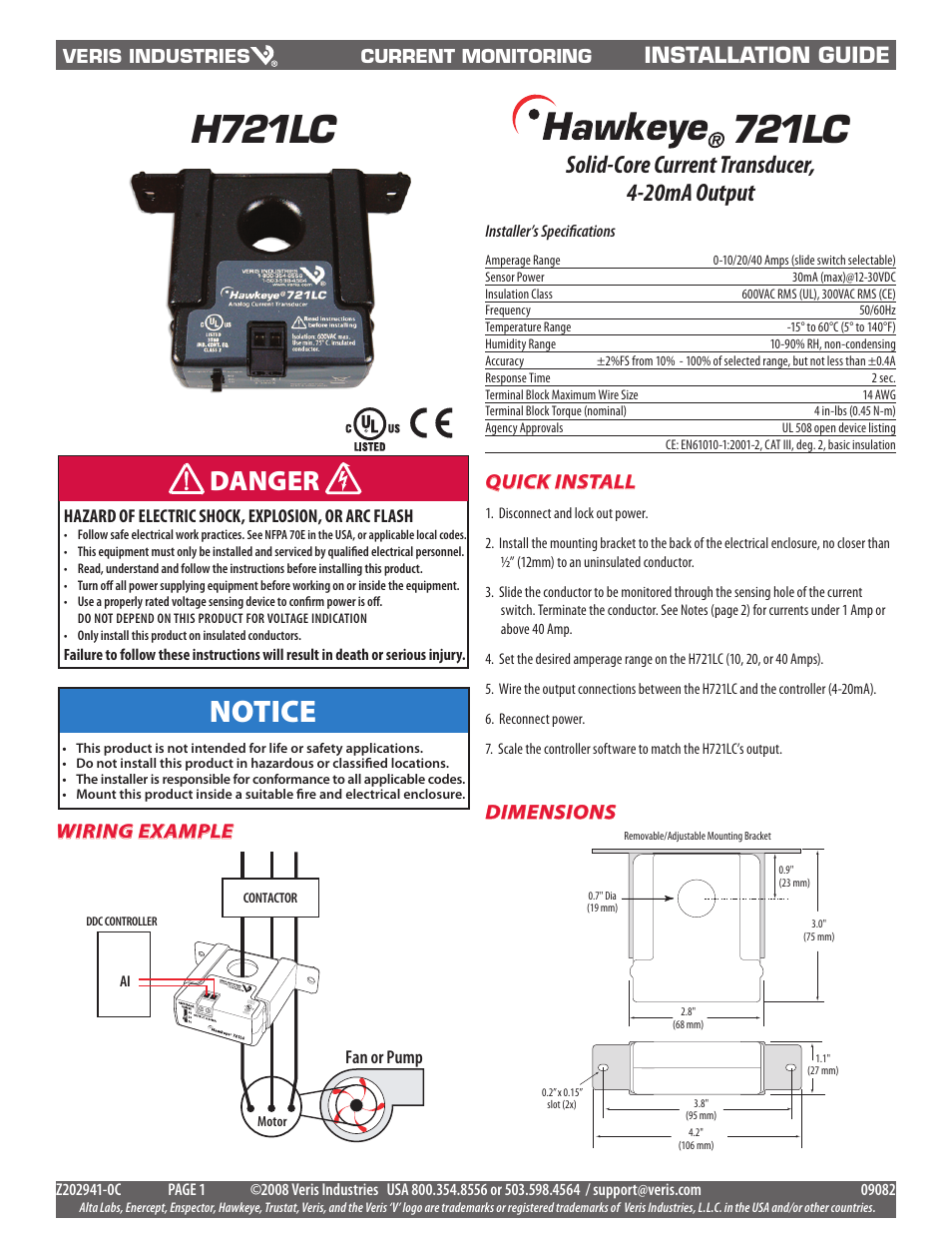 Veris Industries H721LC Install User Manual | 2 pages