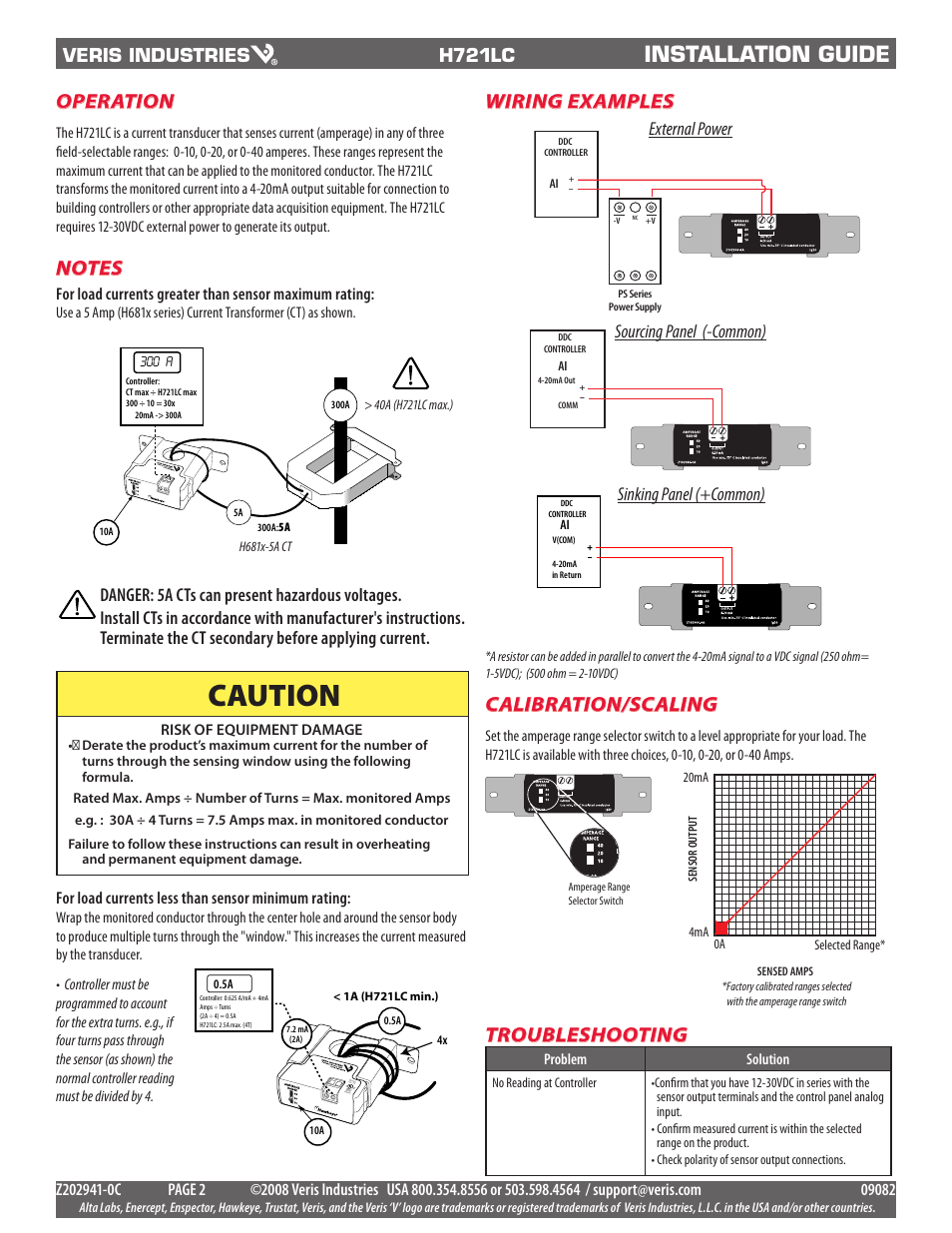 Caution, Installation guide, Operation | Troubleshooting, Wiring examples, Calibration/scaling, H721lc, External power sourcing panel (-common), Sinking panel (+common) | Veris Industries H721LC Install User Manual | Page 2 / 2