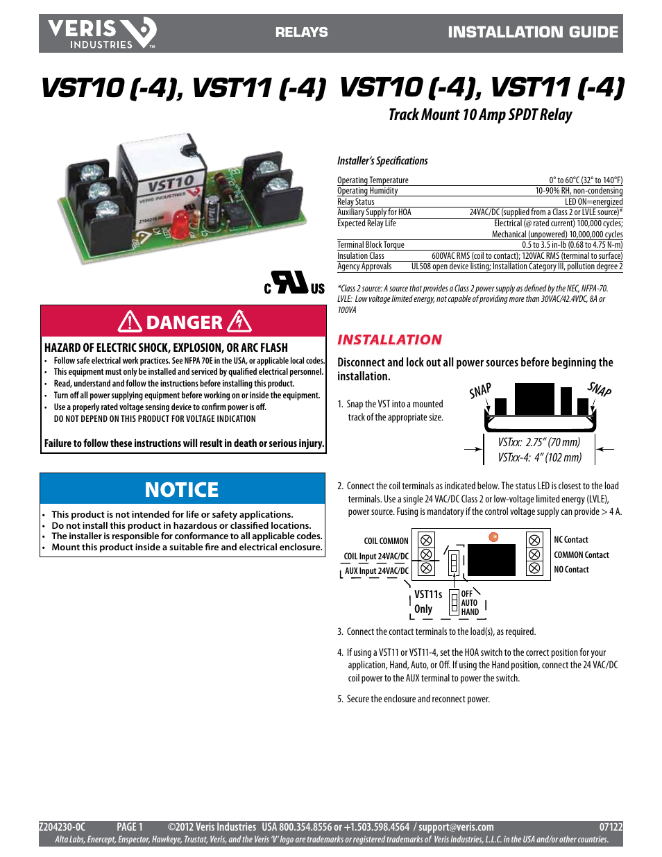 Veris Industries VST11 (-4) Install User Manual | 2 pages