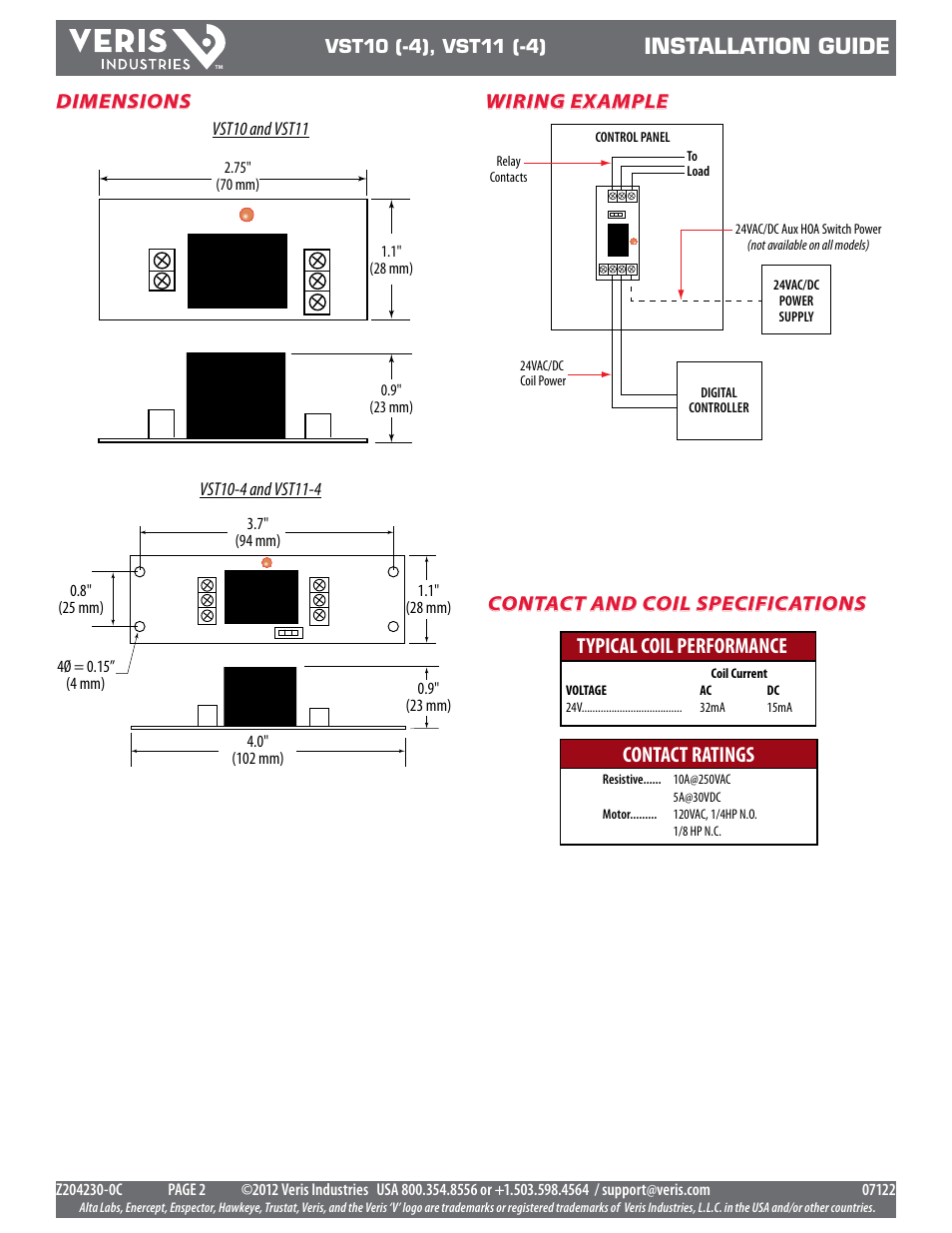 Installation guide, Typical coil performance, Contact ratings | Wiring example contact and coil specifications, Dimensions | Veris Industries VST11 (-4) Install User Manual | Page 2 / 2