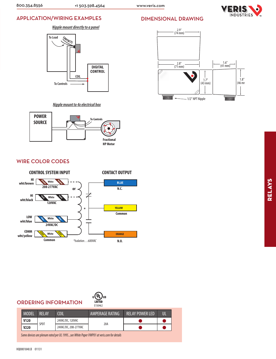 Rel ay s, Dimensional drawing, Application/wiring examples | Wire color codes, Ordering information, Power source, Contact output control system input | Veris Industries V120 Datasheet User Manual | Page 2 / 2