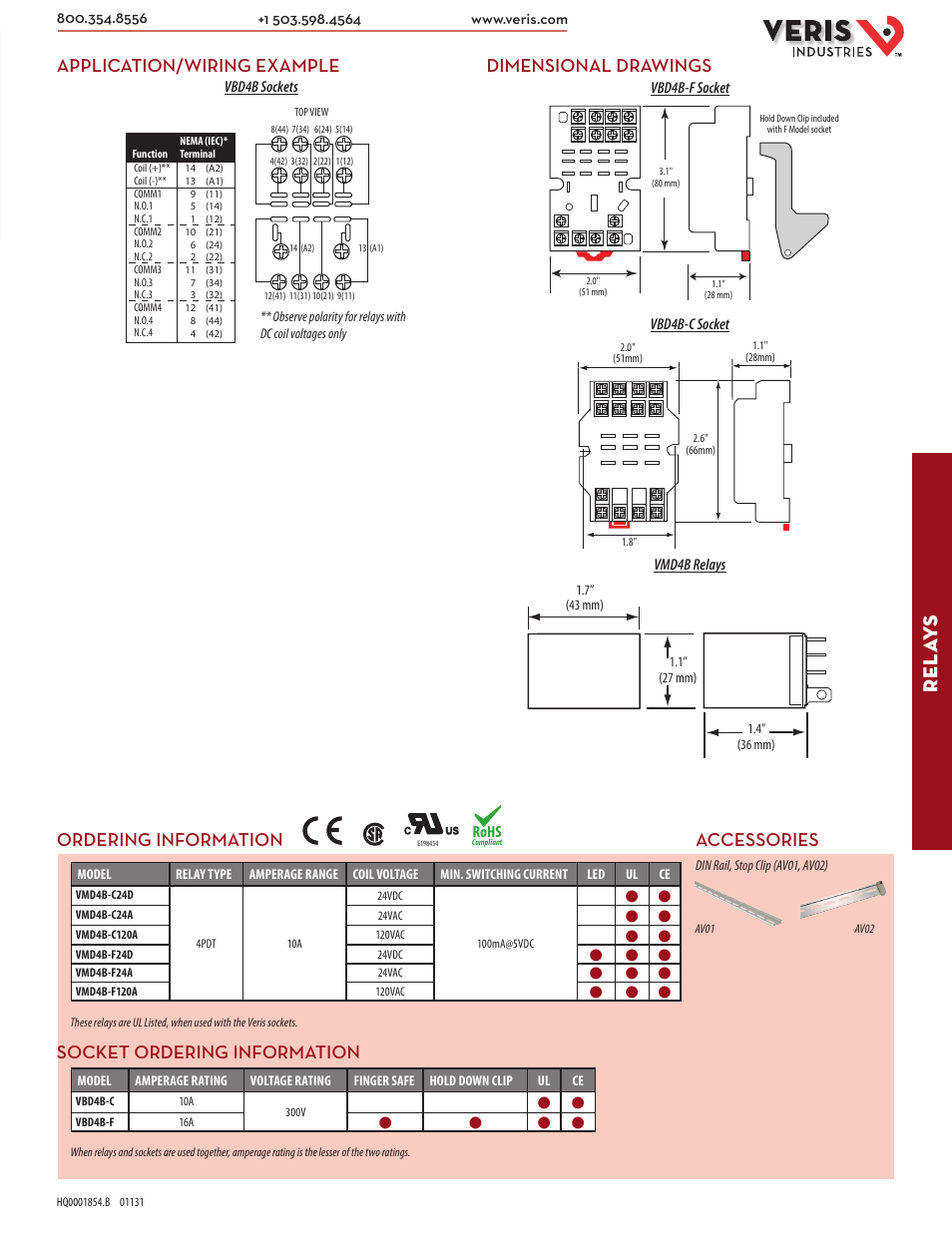 Rel ay s, Dimensional drawings, Application/wiring example | Rohs | Veris Industries VMD4B-C SERIES Datasheet User Manual | Page 2 / 2