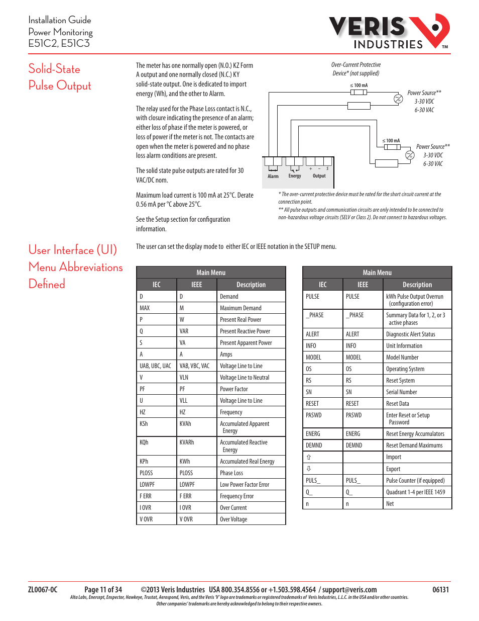 Solid-state pulse output, User interface (ui) menu abbreviations defined | Veris Industries E51C3 Install User Manual | Page 11 / 34