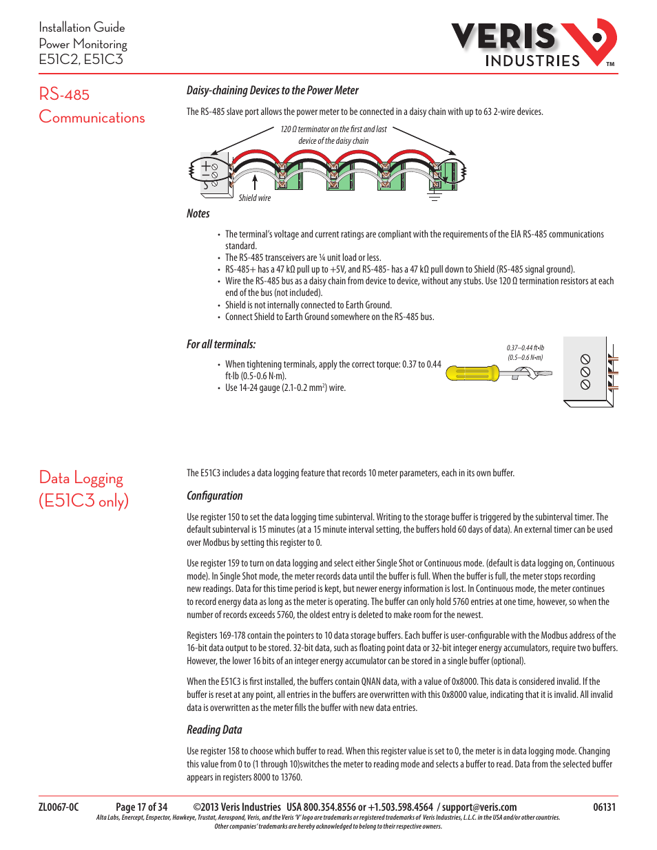 Rs-485 communications, Data logging (e51c3 only) | Veris Industries E51C3 Install User Manual | Page 17 / 34