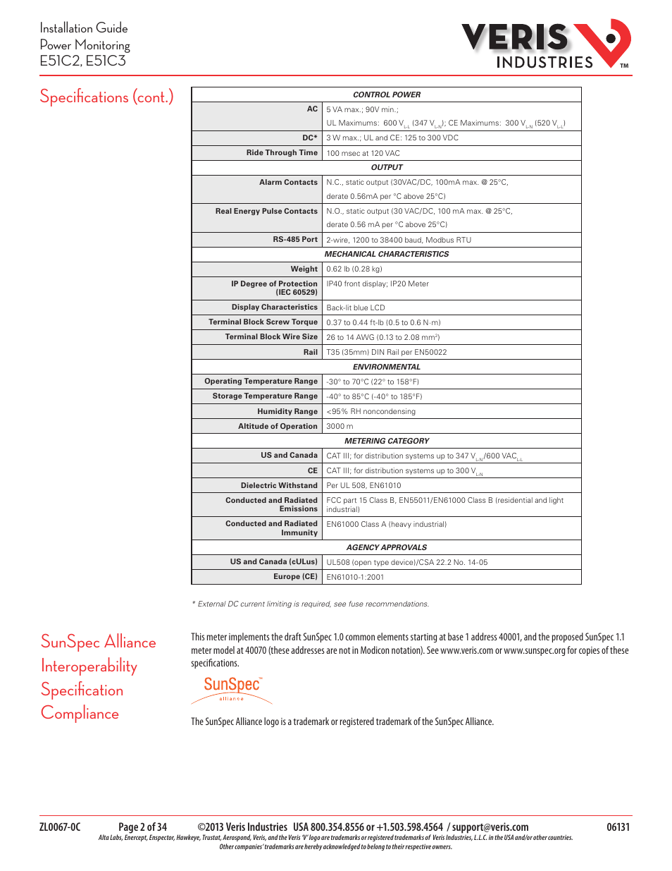 Specifications (cont.) | Veris Industries E51C3 Install User Manual | Page 2 / 34